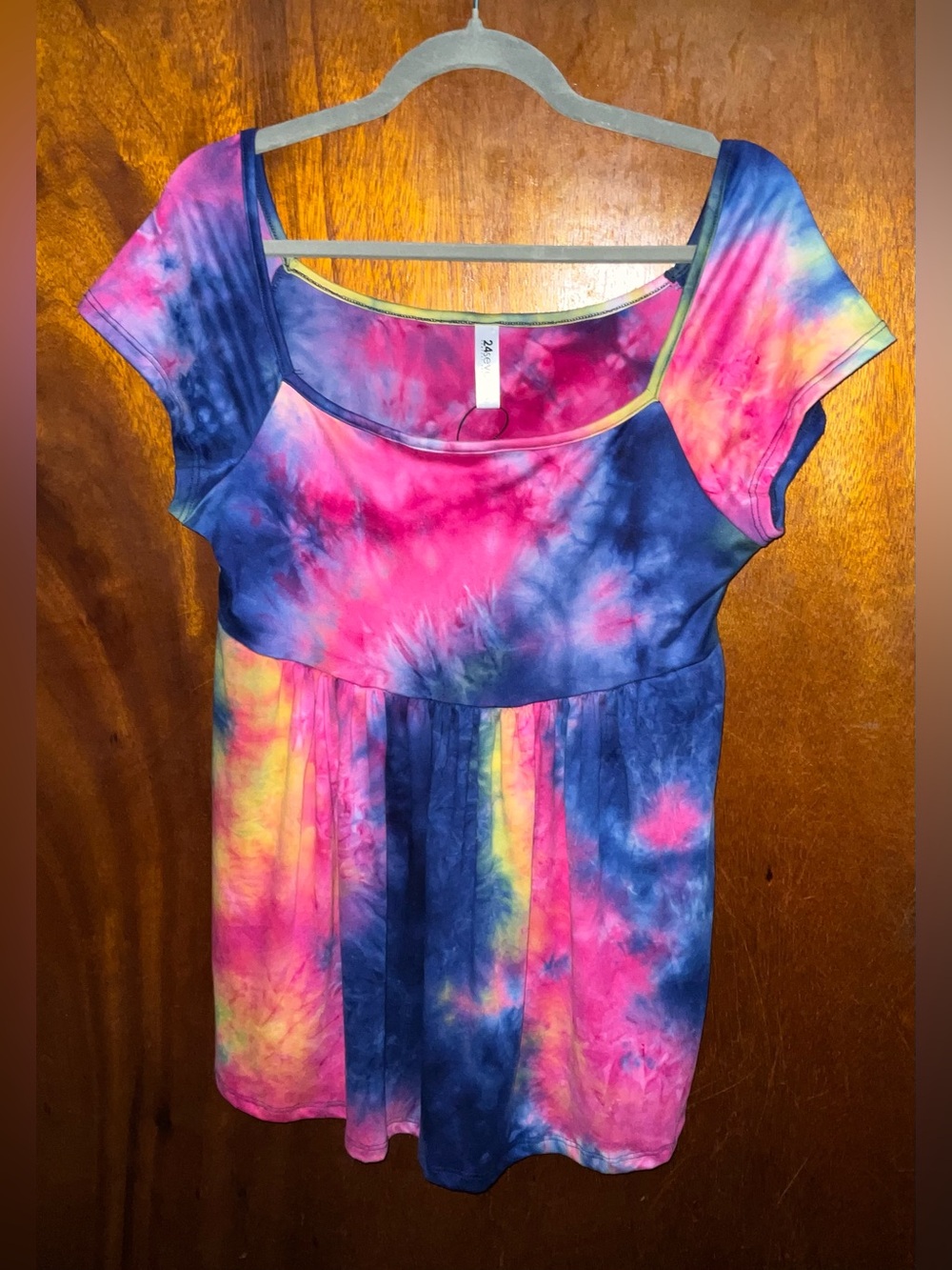 Tie-Dye Square Neck Short SleeveTop - Pink, Blue, Yellow